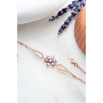 Nereze 925 Ayar Gümüş Rose Mor Zirkon Taşlı Çiçek Kelepçe Model Bileklik