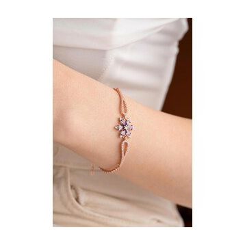 Nereze 925 Ayar Gümüş Rose Mor Zirkon Taşlı Çiçek Kelepçe Model Bileklik