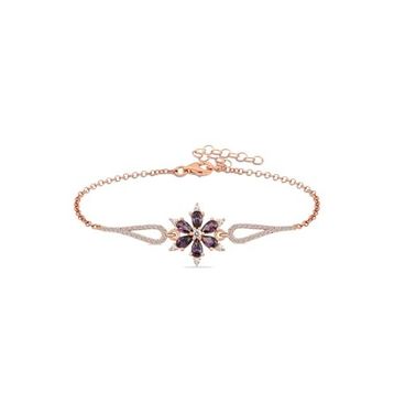 Nereze 925 Ayar Gümüş Rose Mor Zirkon Taşlı Çiçek Kelepçe Model Bileklik