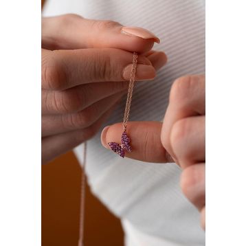 Nereze 925 Ayar Gümüş Rose Pembe Taşlı Minik Kelebek Kadın Kolye