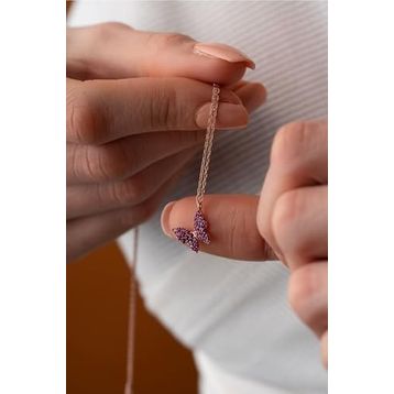 Nereze 925 Ayar Gümüş Rose Pembe Taşlı Minik Kelebek Kadın Kolye