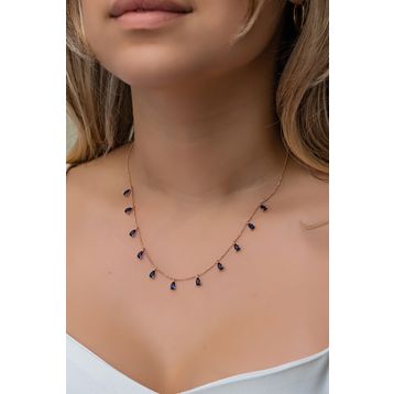 Nereze 925 Ayar Gümüş Rose Sıralı Damla Lacivert Taşlı Kadın Kolye