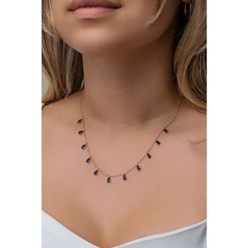 Nereze 925 Ayar Gümüş Rose Sıralı Damla Lacivert Taşlı Kadın Kolye