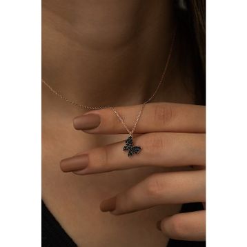 Nereze 925 Ayar Gümüş Rose Siyah Taşlı Minik Kelebek Kadın Kolye