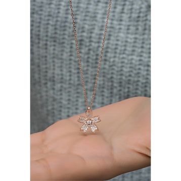 Nereze 925 Ayar Gümüş Rose Zirkon Taşlı Nergis Çiçeği Kadın Kolye