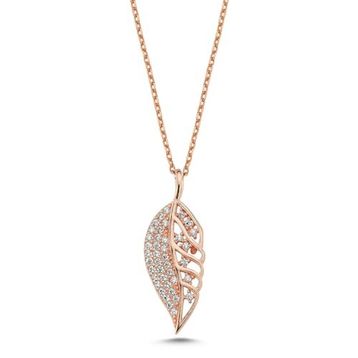 Nereze 925 Ayar Gümüş Rose Zirkon Taşlı Yaprak Tasarım Kolye