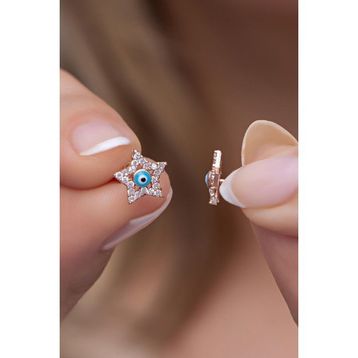 Nereze 925 Ayar Gümüş Turkuaz Mineli Minik Nazar Yıldız Küpe
