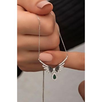 Nereze 925 Ayar Gümüş Yeşil Damla Taşlı Melek Kanadı Kolye