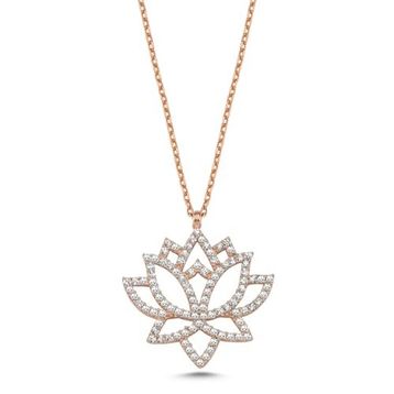 Nereze 925 Ayar Gümüş Zirkon Taşlı Rose Kaplama Lotus Çiçeği Tasarım Kolye