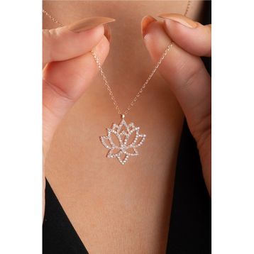 Nereze 925 Ayar Gümüş Zirkon Taşlı Rose Kaplama Lotus Çiçeği Tasarım Kolye