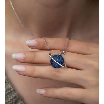 Nereze 925 Ayar Lacivert Taşlı Gezegen Kadın Gümüş Kolye