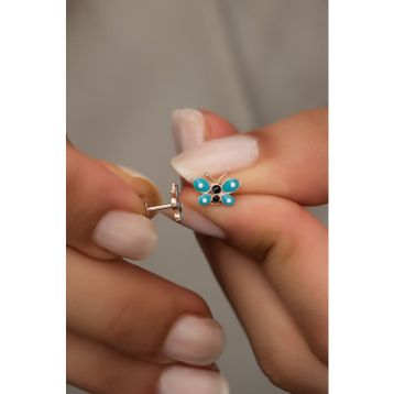Nereze 925 Ayar Minik Turkuaz Mineli Kelebek Kadın Gümüş Küpe