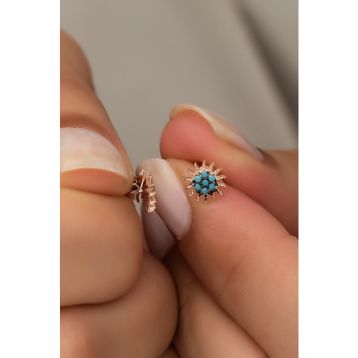 Nereze 925 Ayar Minik Turkuaz Taşlı Güneş Kadın Gümüş Küpe