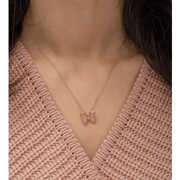 Nereze 925 Ayar Pembe Taşlı Kelebek Kadın Gümüş Kolye