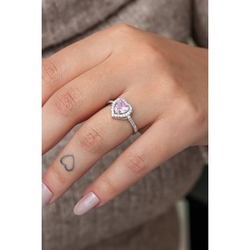 Nereze 925 Ayar Rodyum Kaplama Pembe Taşlı Kalpli Kadın Gümüş Yüzük