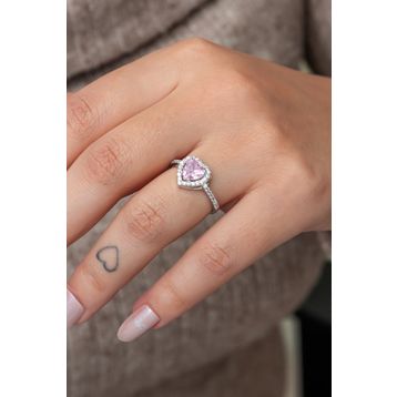 Nereze 925 Ayar Rodyum Kaplama Pembe Taşlı Kalpli Kadın Gümüş Yüzük