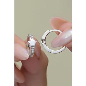 Nereze 925 Ayar Rodyum Kaplama Yıldız Detay 15 mm Halka Kadın Gümüş Küpe