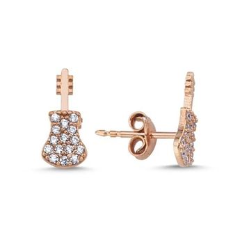 Nereze 925 Ayar Rose Kaplama Gitar Kadın Gümüş Küpe