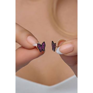 Nereze 925 Ayar Rose Pembe Taşlı Kelebek Kadın Gümüş Küpe