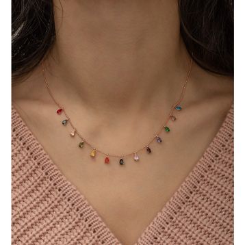 Nereze 925 Ayar Sıralı Damla Mix Taşlı Kadın Gümüş Kolye