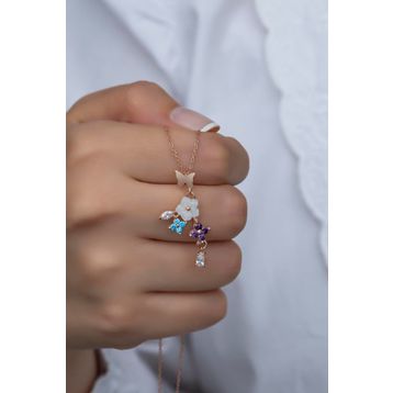 Nereze NRZ99359 Kelebek Ve Yonca Bahar Çiçeği Manolya 925 Ayar Gümüş Kolye