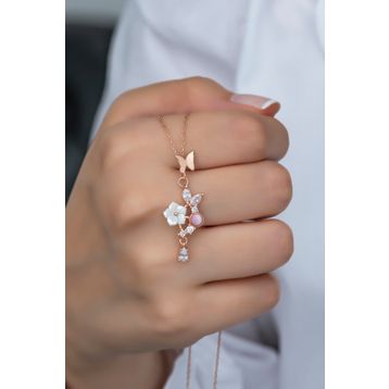 Nereze NRZ99365 Pembe Taşlı Kelebek Manolya Çiçeği 925 Ayar Gümüş Kolye
