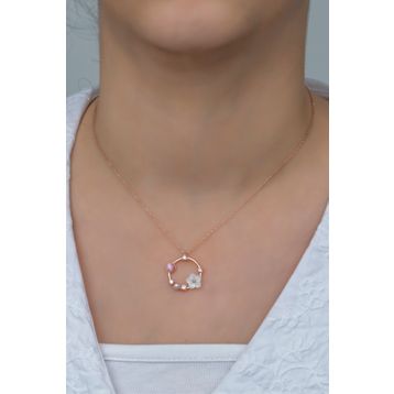Nereze NRZ99368 Pembe Taşlı Daire Manolya Çiçeği 925 Ayar Gümüş Kolye