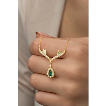 Nereze NRZ998431 Gold Yeşil Damla Taşlı Tasarım 925 Ayar Gümüş Kolye