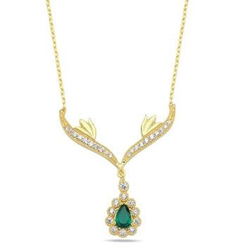 Nereze NRZ998431 Gold Yeşil Damla Taşlı Tasarım 925 Ayar Gümüş Kolye