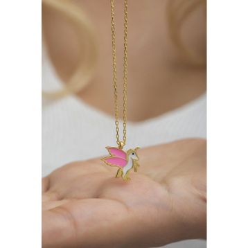 Nereze NRZ998539 925 Ayar Gümüş Gold Pembe Mineli Unicorn Kolye