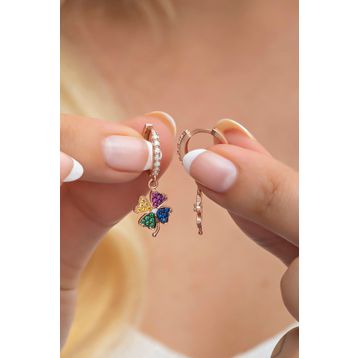 Nereze NRZ998578 925 Ayar Gümüş 10 mm Sallantılı Mix Taşlı Yonca Küpe