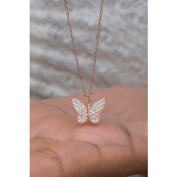 Nereze NRZ998662 925 Ayar Gümüş Rose Zirkon Taşlı Kelebek Model Kolye