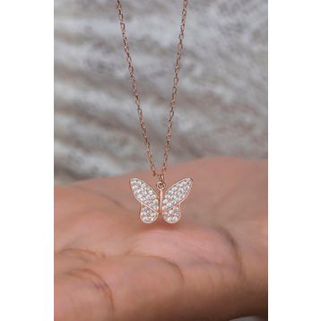 Nereze NRZ998662 925 Ayar Gümüş Rose Zirkon Taşlı Kelebek Model Kolye