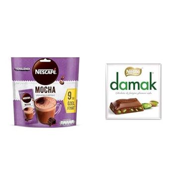 Nescafe 2 Adet 9x17 gr Mocha Çikolatalı ve Köpüklü Çözünebilir Kahve Karışımı + Nestle 3x60 gr Damak Antep Fıstıklı Sütlü Kare Çikolata