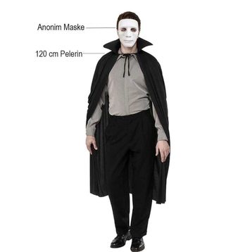 Nessi World 120 cm Siyah Renk Yakalı Beyaz Anonim Maske ve Pelerin