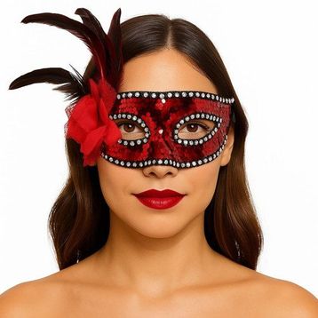 Nessi World 20x22 cm Kırmızı Renk Yandan Tüylü Güllü Gümüş Taşlı Pullu Maske