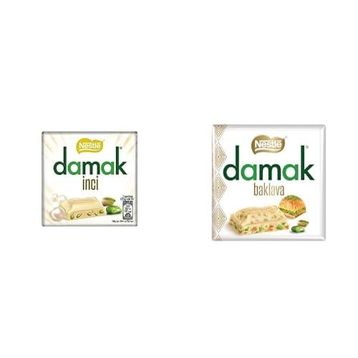Nestlé 60 gr Damak İnci Antep Fıstıklı Beyaz Çikolata + 60 gr Damak Antep Fıstıklı ve Baklavalı Beyaz Kare Çikolata