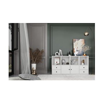 Nettrends KTP-1086-Ç Beyaz 130 cm 2 Kapaklı Çekmeceli Raflı Basamaklı Kitaplık