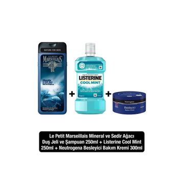 Neutrogena 300 ml Besleyici Bakım Kremi + Listerine Cool Mint 250 ml Ağız Çalkalama Suyu + Le Petit Marseillais Mineral Sedir 400 ml Duş Jeli