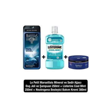Neutrogena 300 ml Besleyici Bakım Kremi + Listerine Cool Mint 250 ml Ağız Çalkalama Suyu + Le Petit Marseillais Mineral Sedir 400 ml Duş Jeli