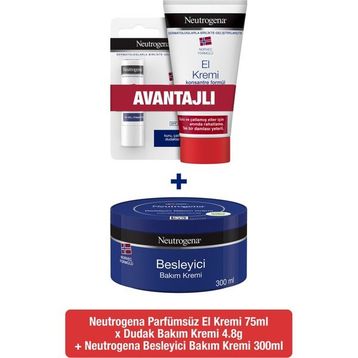 Neutrogena Norveç Formülü 300 ml Besleyici Krem + Parfümsüz 75 ml El Kremi + Dudak Nemlendiricisi