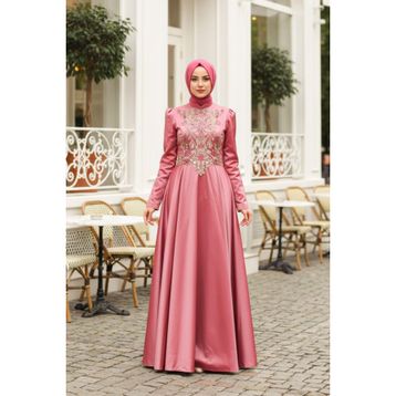 Neva Style 2308KRMT Payet Detaylı Tafta Kiremit Tesettür Abiye Elbise
