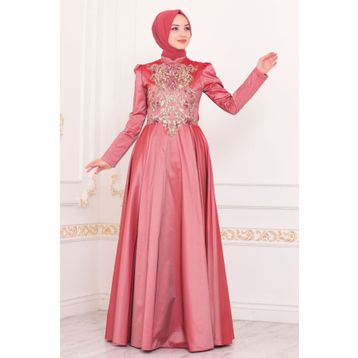 Neva Style 2308KRMT Payet Detaylı Tafta Kiremit Tesettür Abiye Elbise
