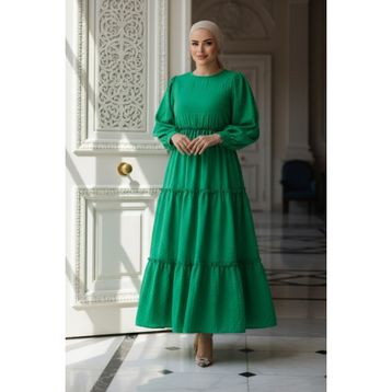 Neva Style 3033Y Kat Piliseli Yeşil Tesettür Elbise