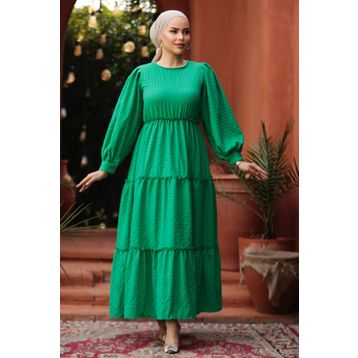 Neva Style 3033Y Kat Piliseli Yeşil Tesettür Elbise
