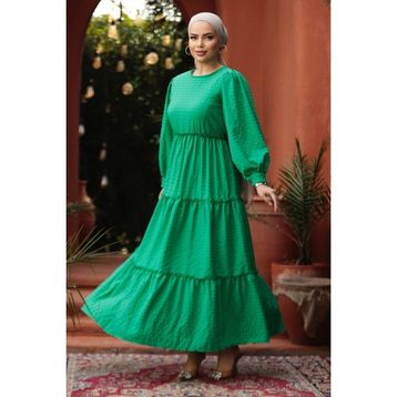 Neva Style 3033Y Kat Piliseli Yeşil Tesettür Elbise