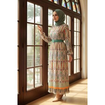 Neva Style 3536MINT Etnik Desenli Mint Tesettür Elbise