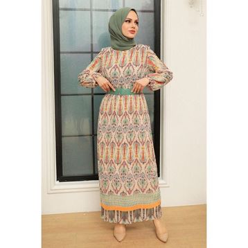 Neva Style 3536MINT Etnik Desenli Mint Tesettür Elbise