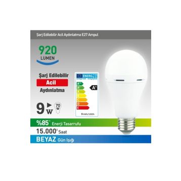 Nextled E27 9 W Beyaz Şarjlı Led Ampul