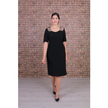 Nidya Moda 4155AS Siyah Omuz Taşlı Şeritli Abiye Elbise